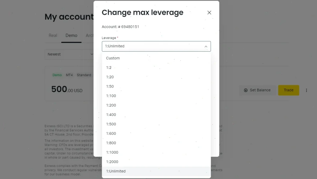 change leverage exness