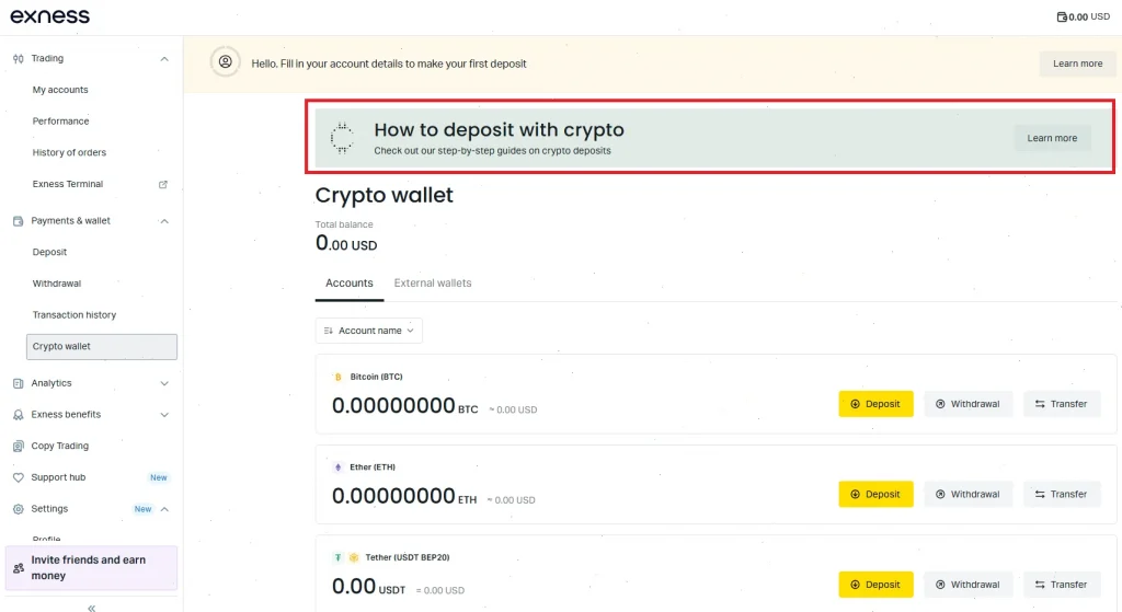 deposit exness crypto